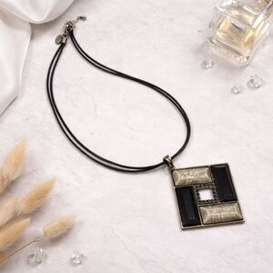 Lia Sophia Gunmetal Modernist Square Pendant Necklace Black Cord
